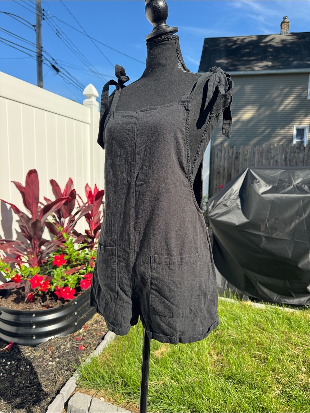 Black Tie-Shoulder Romper with Front Pockets